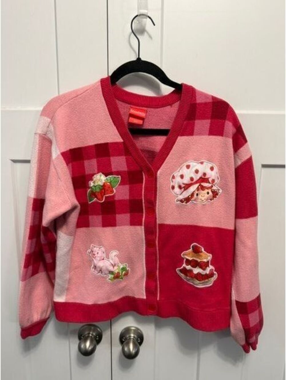 Strawberry Shortcake gingham Vintage pink cardigan size Medium patchwork